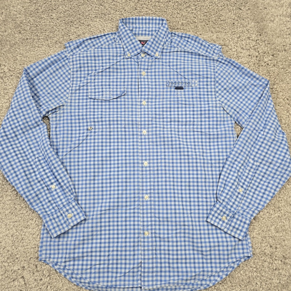 Vineyard Vines Harbor Shirt Mens M Blue Gingham Nylon Performance Fishing Preppy